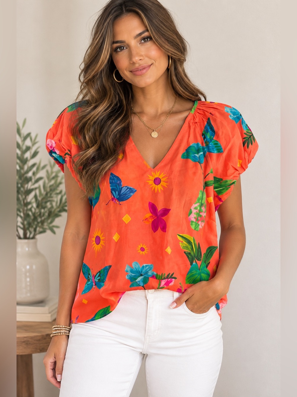 Maude Vivante Lea Garden Art Floral Butterfly Blouse Orange NWT Size XL